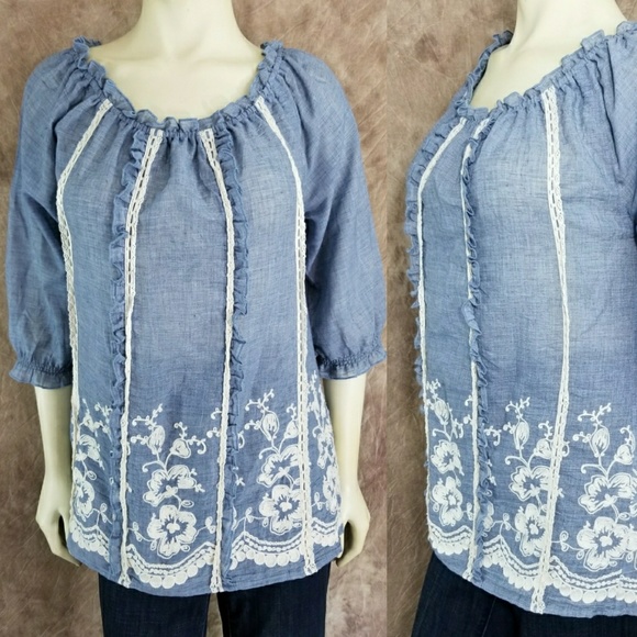 Ali Miles Floral Embroidered Peasant Tunic Blouse - Picture 2 of 6